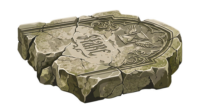 Broken ancient stone tablet featuring carved details of winged hourglass and cryptic symbols serves as historical game asset or fantasy design element.