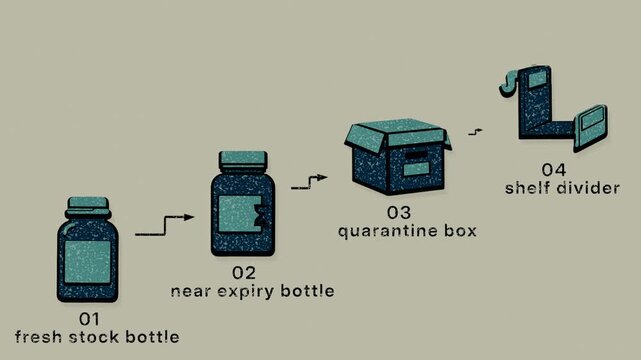 Expiry control retains usable inventory on the shelf while near-date items are checked, segregated, and placed in quarantine. Flat 3D style with a dry silkscreen texture; objects numbered and labelled