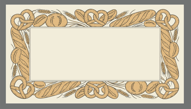 Bakery border frame decorated with detailed vintage sketches of French baguettes, salty pretzels, wheat ears, and fresh round loaves.