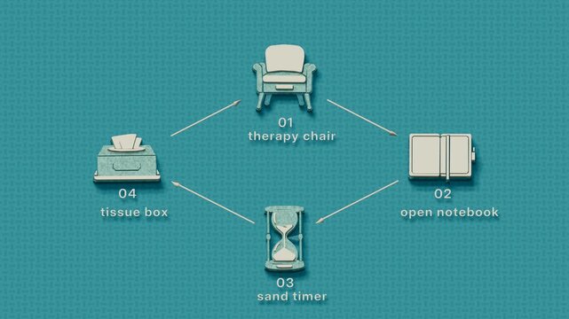 A therapy session moves from client seating through note taking, timed conversation and comfort support, reinforcing continuity of care. Flat 3D style with smooth matte surfaces; objects numbered and