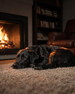 Black dog resting on rug by fireplace in dark cozy study