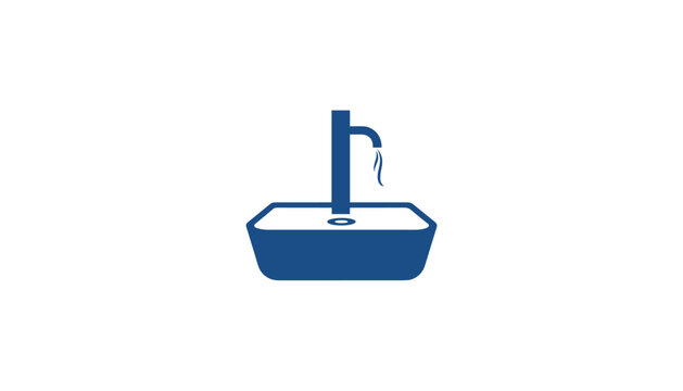 Minimalist blue icon of a modern bathroom sink with water dripping from the faucet, isolated on white background.