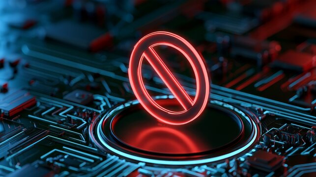 Futuristic neon no symbol hovering above glowing circuit board, representing cybersecurity, network blocking, access denial, digital restriction data protection for internet safety technology security