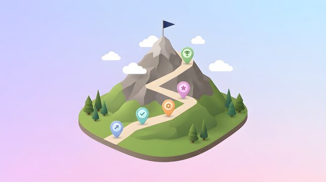 Isometric 3D mountain path with colorful markers leading to a flag on the summit representing goal achievement and journey.
