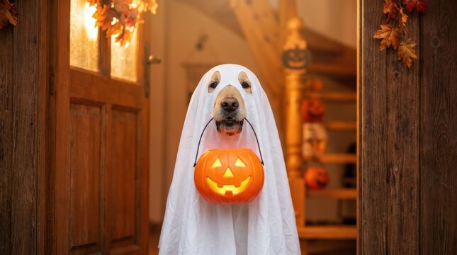 Cute dog wearing ghost costume holding glowing pumpkin bucket for halloween trick or treat