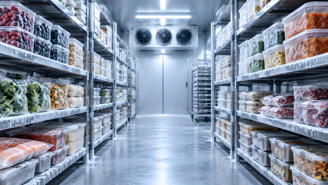 Commercial Walk In Freezer With Packaged Food Shelves