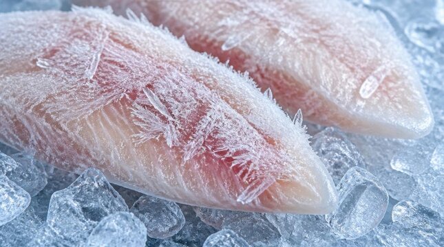 Extreme close-up of sharp ice crystals and frost forming on frozen white fish fillets resting on a bed of crushed ice, showing detailed texture of frozen seafood preservation.