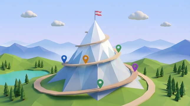 Stylized low poly mountain with winding path and colorful location pins leading to a flag at the summit representing journey and goals.