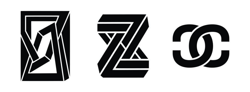 Set of three black and white featuring impossible geometric shapes, including a rectangular frame, az letter form, and interlocking circles, isolated on a white background