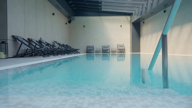 Luxury hotel indoor swimming pool with clear turquoise water and comfortable lounge chairs. Modern resort wellness center offers a tranquil atmosphere for relaxation and peaceful vacation.