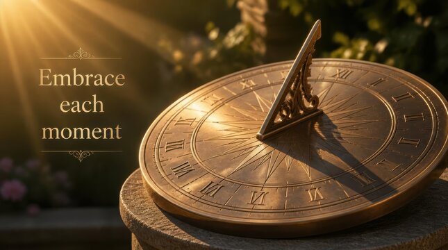Polished bronze sundial with Roman numerals and gnomon casting a shadow on a stone pedestal in a garden during golden hour with sunbeams and text saying embrace each moment.
