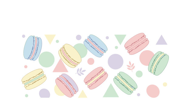 Delicious French macarons scattered among pastel colored geometric shapes on a horizontal white banner background.