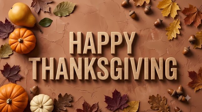 Happy Thanksgiving Typography. Autumn Pumpkins Leaves and Harvest Decoration. Festive Holiday Greeting. Rustic 3D Style
