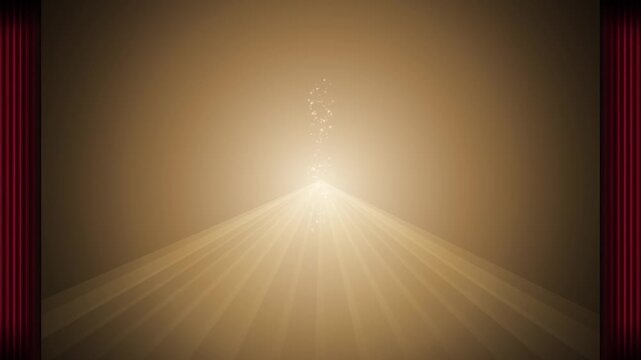 Red Stage Curtains Opening to Reveal a Golden Spotlight and Magical Light Particles Background