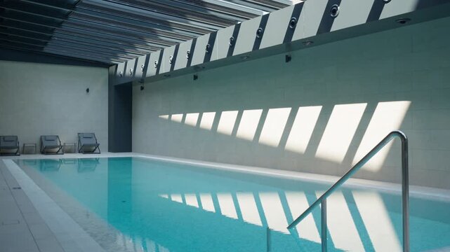 Modern private villa features a luxury indoor swimming pool with clear turquoise water. Bright natural sunlight creates dramatic geometric shadows on the tiled wall of this luxury residence.