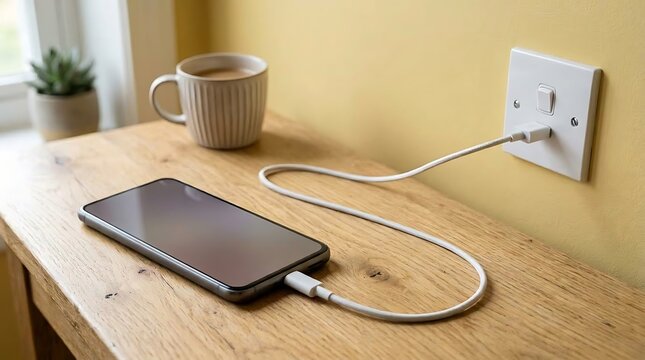A smartphone lying on a wooden desk, connected via a white cable to a wall socket, with a cup of coffee nearby