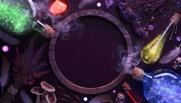 Halloween witch background glowing neon magic potion bottles with smoke and crystals around wooden circle frame, copy space