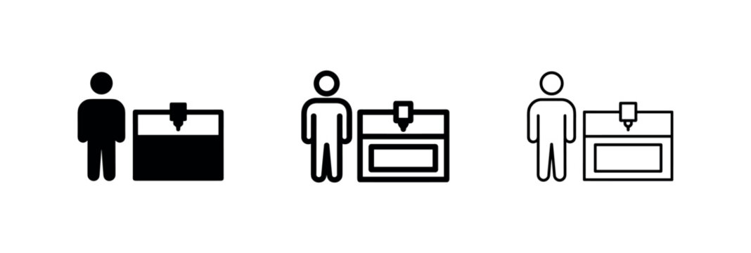 Technician Operating Industrial 3D Printer and Fabrication Machine Icons