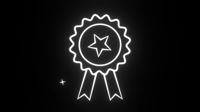 Seamless loop white neon award badge rosette star black background ideal for award ceremony intros achievement announcements product quality promotions flyers online media and winner reveals