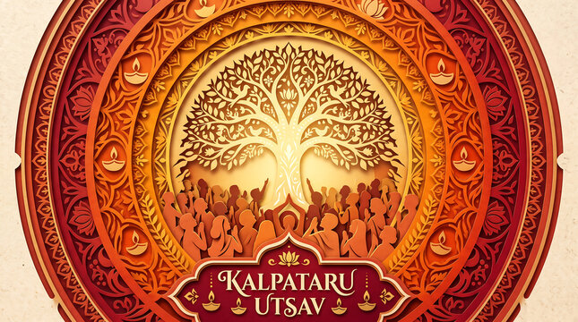 Decorative papercut style illustration featuring a sacred wishfulfilling tree and devotees celebrating the annual Kalpataru Utsav festival