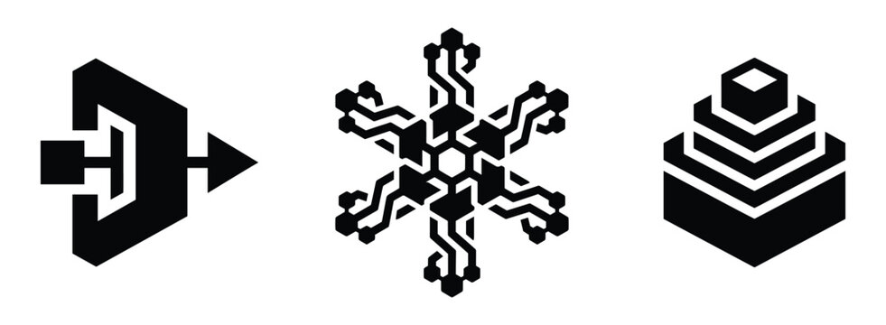 Set of three black showing an arrow entering a box, a circuit board snowflake pattern, and a stacked square pyramid structure, isolated on a white background, for technology branding