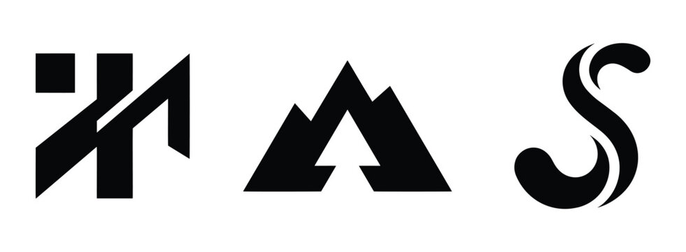 Set of three distinct black and white including an abstract letter mark, a mountain peak triangle and a flowing calligraphic letter s shape on a white background