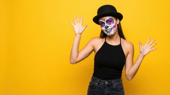 Smiling woman with day of the dead sugar skull makeup waving hands on yellow background