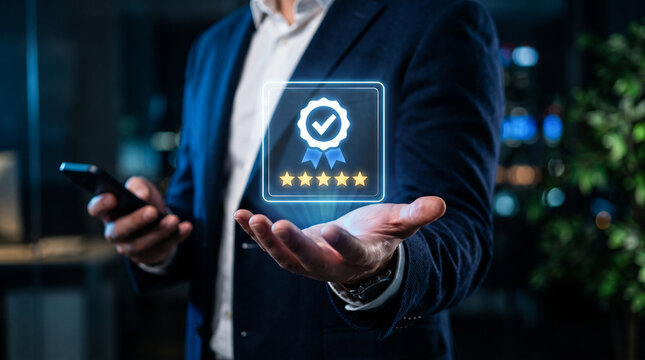 Quality assurance concept with businessman holding a five-star rating and checkmark badge, representing business trust, customer satisfaction, product reviews, service quality, and excellence.
