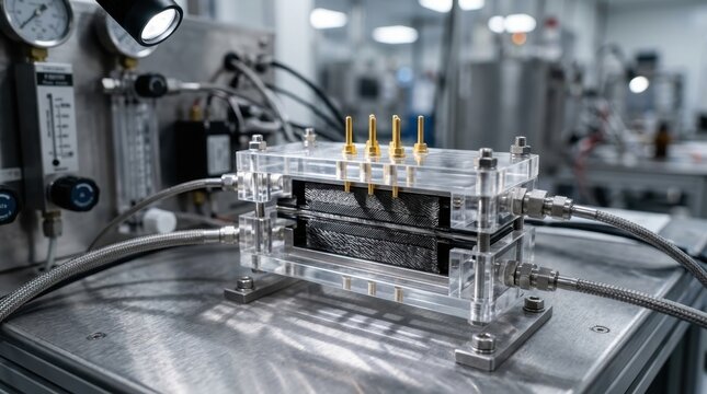 Hydrogen fuel cell test stack in a clean industrial research laboratory