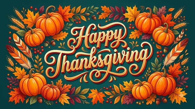 Happy Thanksgiving Pumpkin Banner. Autumn Pumpkins Leaves and Floral Harvest Decoration. Festive Holiday Greeting. Colorful Vintage Illustration