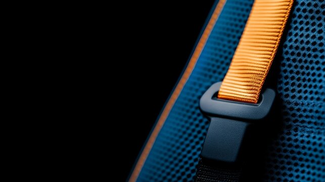 Close-up of a blue backpack strap with an orange webbing and a plastic buckle