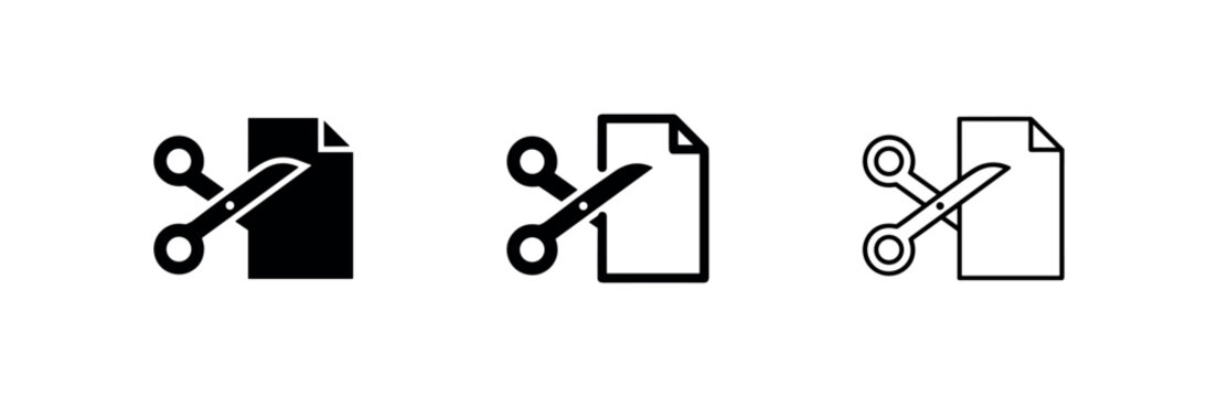 Scissors cutting document icon set, cut paper, edit file, trim symbol. Vector illustration.