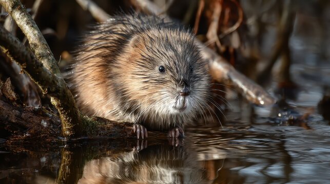 A wild muskrat perches on a branch at the water's edge, its wet fur glistening in the light. This semiaquatic rodent is captured in its natural habitat
