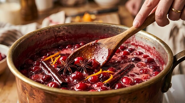Homemade Cranberry Sauce. Spiced Berry Sauce with Orange and Star Anise. Thanksgiving Holiday Food. Rustic Culinary Photography