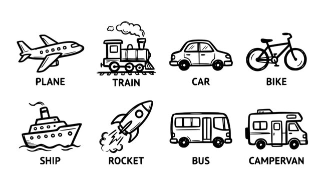 Hand drawn bold travel transport icon set plane train car bike ship rocket bus campervan, black ink sketch vector illustration