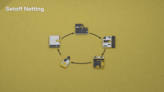 A standing setoff procedure matches a credit memo with a debit note, issues notice and records the residual balance in the mutual ledger. Flat 3D style; an English title card.