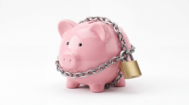 Pink piggy bank secured with heavy metal chains and padlock sitting isolated on white background