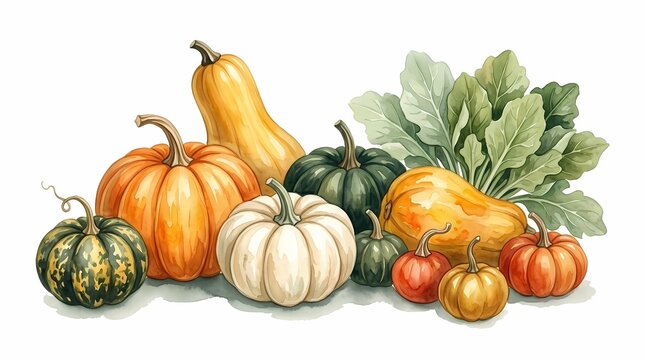 Autumn Pumpkin Harvest. Colorful Gourds Squash and Leafy Vegetables. Thanksgiving Seasonal Decoration. Hand Painted Botanical Illustration