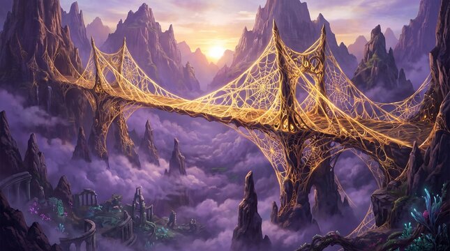 Glowing golden spiderweb bridge over fantasy misty mountain valley