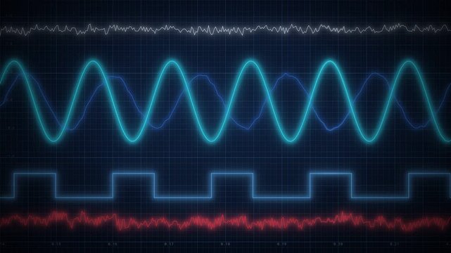 Oscilloscope waveforms moving on blue grid screen, glowing sine, square and noise signal waves, electronic measurement, sound frequency, science data