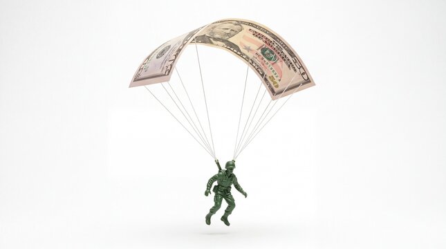 Plastic toy soldier descending with a fifty dollar bill makeshift parachute isolated on white background