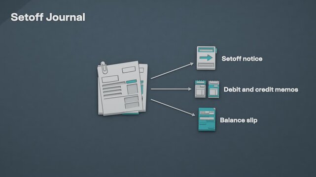 Matched invoices lead to a setoff notice, debit and credit memos, and a net balance, with the adjustment posted to the journal. Flat 3D style; objects labelled in English.