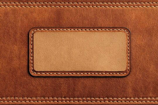 Blank fabric textile label patch with double stitching border on brown leather background. Realistic canvas clothing tag mockup for jeans branding, fashion apparel and accessory design. Copy space
