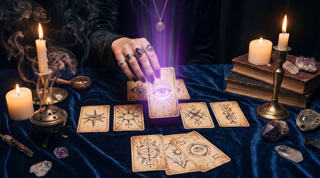 Tarot cards reading fortune teller hand candles crystals spiritual mystical. Mystical reader holds a glowing tarot card above a candlelit divination table for commercial advertising spiritual