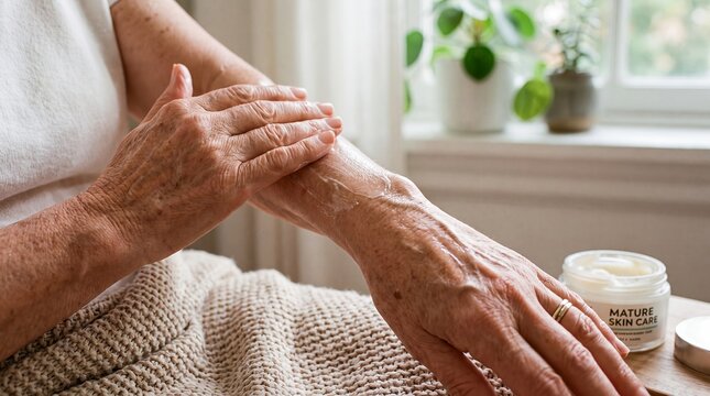 Senior hands moisturizer skincare aging woman wellness cream home lifestyle. Older woman massages moisturizer into her hands during a home skincare routine for commercial advertising wellness