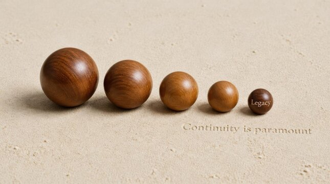 Five polished wooden spheres of decreasing size arranged in a horizontal line on a textured neutral surface with engraved text reading Continuity is paramount and Legacy.