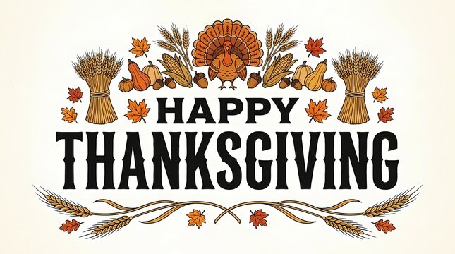 Happy Thanksgiving Typography. Autumn Turkey and Harvest Botanical Decoration. Festive Holiday Greeting. Vintage Rustic Illustration