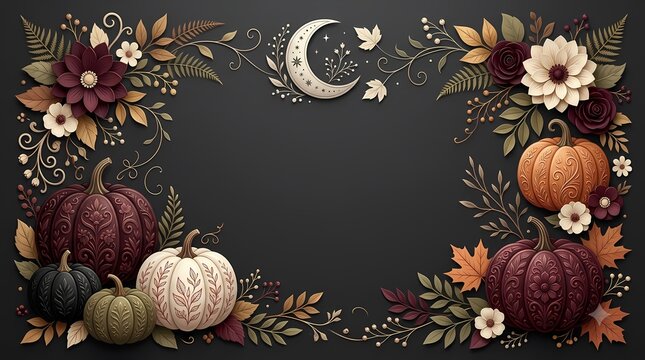 Autumn Pumpkin Floral Frame. Harvest Flowers Leaves and Crescent Moon Border. Thanksgiving Holiday Background. Elegant Vintage Botanical Style
