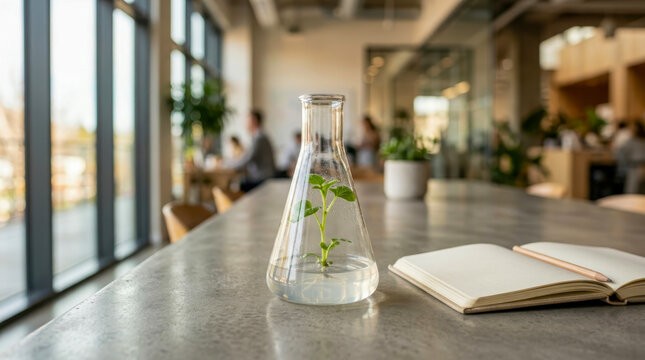 Green seedling growing inside a glass Erlenmeyer flask in modern laboratory