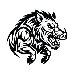 Obraz premium Bold black and white wild boar mascot illustration with dynamic tribal linework, sharp tusks, and powerful fantasy character design.